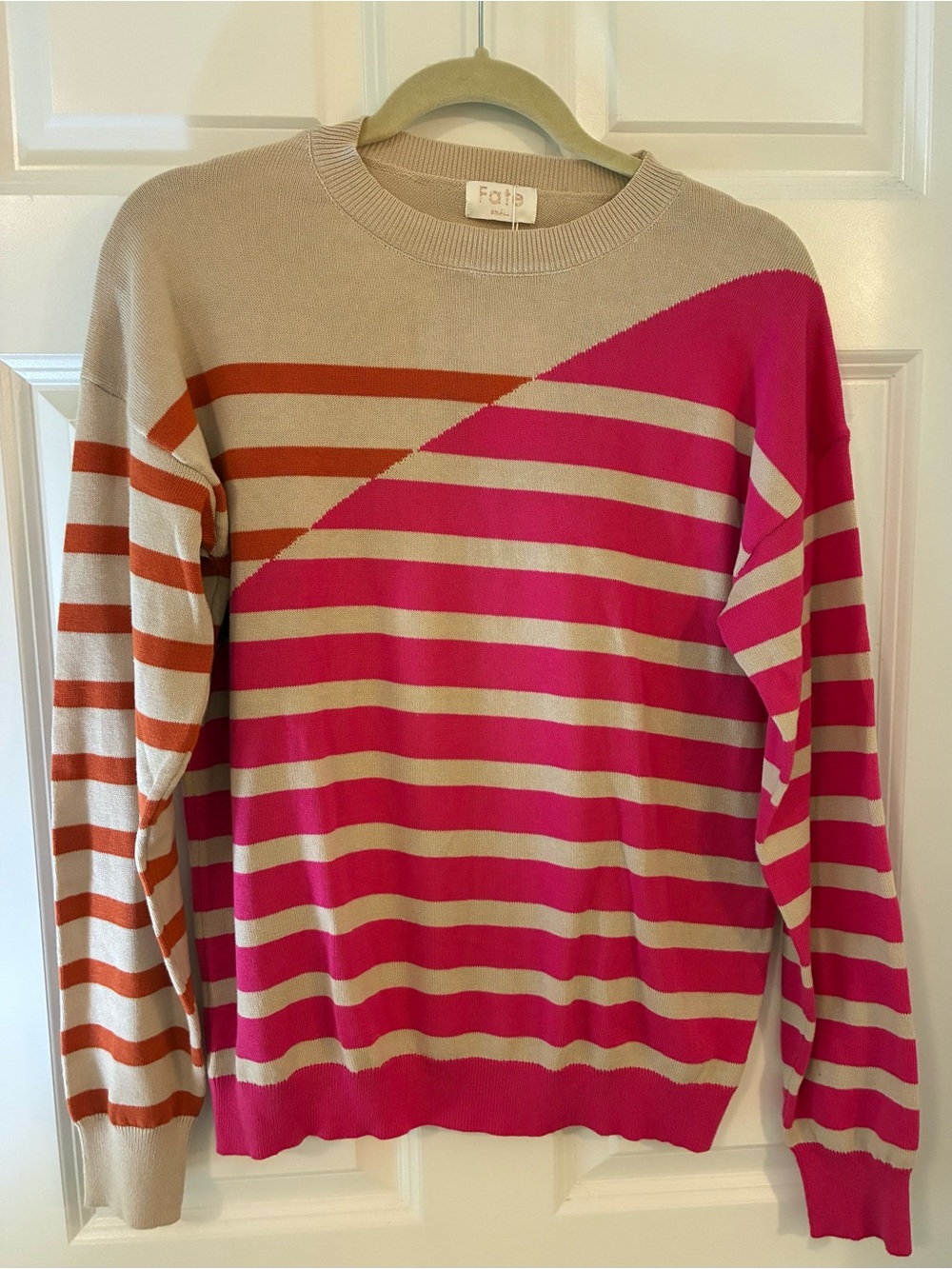 NEW! Fate “Steele” Colorblock Striped Cotton Crewneck in Beige, Pink & Orange S